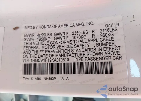 2019 Honda Accord Lx from USA, damaged, VIN 1HGCV1F19KA079610